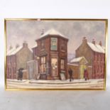 Martin Turner, oil on canvas, winter scene figures on a street corner, 66cm x 94cm overall, framed