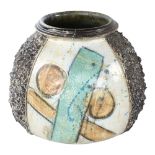 A studio pottery stoneware vase, textured and painted, signed to base, height 18cm