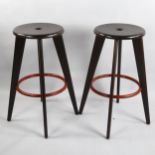 Jean Prouve, a pair of Tabouret Hallway stained oak barstools by Vitra, height 78cm