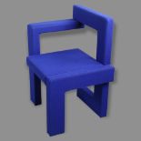 Gerrit Rietveld, a Steltman chair by Rietveld Originals, the assymetrical wooden structure with blue