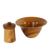 A Scandinavian style turned wood lidded pot and bowl, bowl diameter 19cm