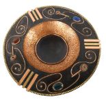 A mid-century handmade copper and brass centre dish, with ceramic inserts, marked SF 009 to base,