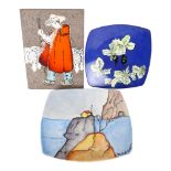 Two hand painted plates by Michel Mazeng, France, both signed and a French Lava tile depicting