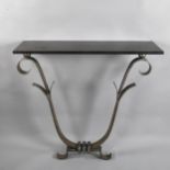 A Hollywood Regency Art Deco design iron console table with marble top in the manner of Villiers,