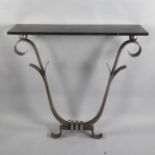 A Hollywood Regency Art Deco design iron console table with marble top in the manner of Villiers,