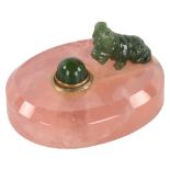 An Art Deco rose quartz and nephrite bell push in the manner of Faberge, surmounted by a Scottie