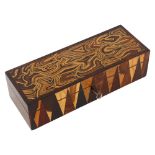 A 19th century exotic wood glove box, length 24cm, width 9cm, height 6.5cm