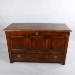 18th century walnut and pine mule chest with single drawer under, length 125cm (4'1")