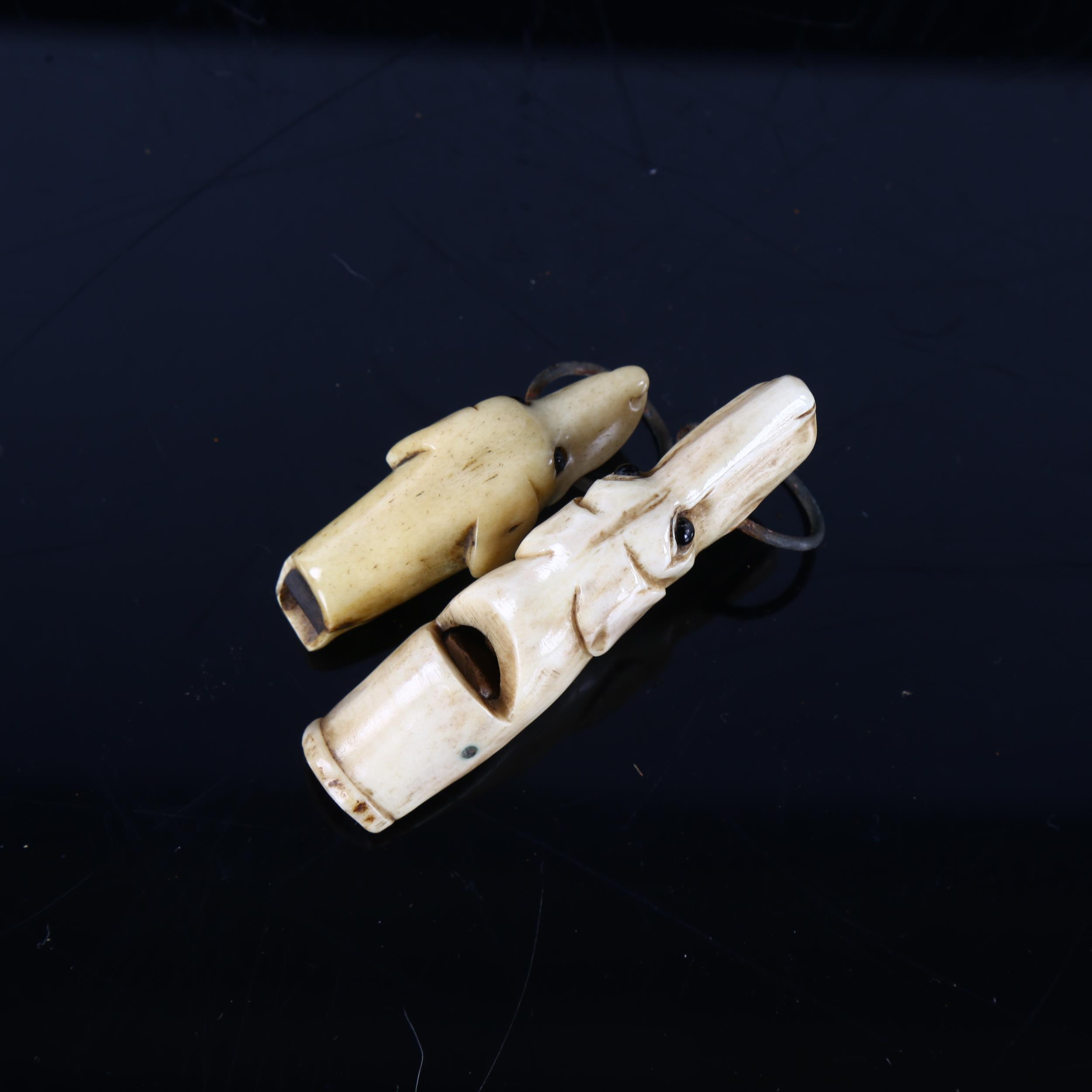 2 x 19th century carved bone dog's head design whistles with glass eyes, largest length 6.5cm - Image 3 of 3