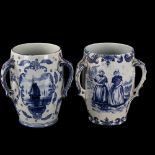 A pair of Royal Bonn blue and white transfer decorated 3-handled vases, height 18cm