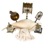 A novelty conch shell desk stand, surmounted by brass inkwells, mother-of-pearl mounted matchbox