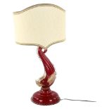 A Murano handmade red/clear glass gurgle fish design table lamp, mid-20th century, with shade,