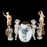 A 19th century porcelain lamp base in the form of children carrying a basket, height 17cm, and 4