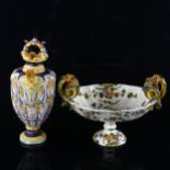 2 pieces of 19th century Maiolica, a ewer and stemmed dish, A/F, tallest 29cm