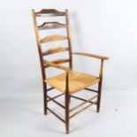 Philip Clissett, an Arts and Crafts ladderback armchair in ash with rush seat, ca 1890, height 105cm