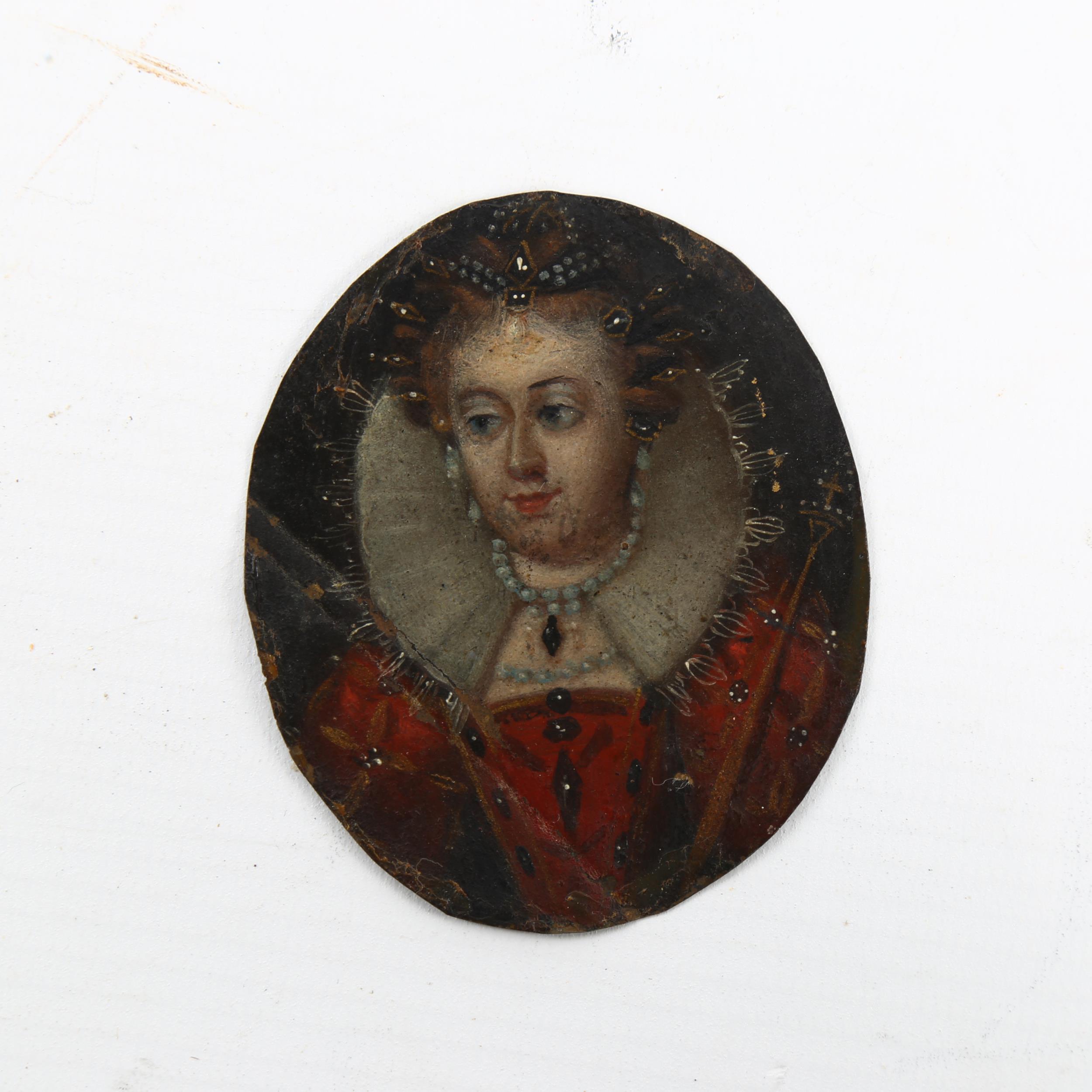 17th /18th century miniature oil on copper, portrait of a lady wearing pearl set jewellery and a - Image 3 of 3