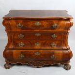 A Continental burr-walnut bombe chest of 4 long drawers, probably mid-20th century, width 94cm,