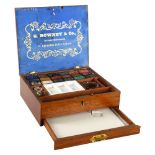 G Rowney & Co mahogany artist's box, with porcelain palette, original paints and drawer below,