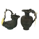 2 small Roman heavy cast patinated bronze jugs, largest height 11cm (2)