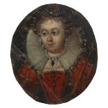 17th /18th century miniature oil on copper, portrait of a lady wearing pearl set jewellery and a