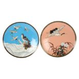 2 Japanese cloisonne enamel plates, decorated with an eagle and cranes, early 20th century, diameter