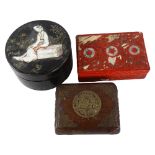 3 various decorative Chinese boxes, circular box 13cm across (3)