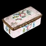 An 18th century rectangular enamel box, with hand painted decoration, length 9cm