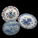 3 x 18th century Delft/faience pottery plates, including hand painted plate with Classical figures