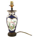 19th century Continental porcelain table lamp, with painted and gilded exotic birds and insects,