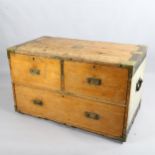 A 19th century brass-bound pine military chest of 1 long and 2 short drawers, 97cm x 52cm, height