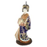 A Japanese porcelain figure table lamp, with painted and gilded robes, height to top of figure 40cm
