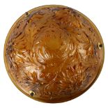 A French amber glass plafonnier, relief moulded floral design, original buttons, new cords and