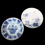 2 x 18th century Delft tin-glazed pottery plates with painted decoration, diameter 22.5cm (2)