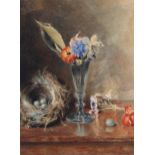 William Henry Hunt OWS (1790 - 1864), bird's nest and glass of flowers, watercolour, signed and