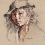 20th century British School, portrait of a girl, coloured pastels on grey paper, indistinctly signed