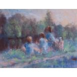 Jane Camp, children on a riverbank, coloured pastels, 30cm x 40cm, framed Good condition