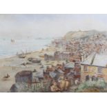 19th century English School, view over Hastings Old Town and net huts, watercolour, unsigned, 26cm x