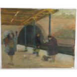 Audrey Lanceman (born 1931), railway platform, oil on board, 41cm x 51cm, unframed Paint flake in