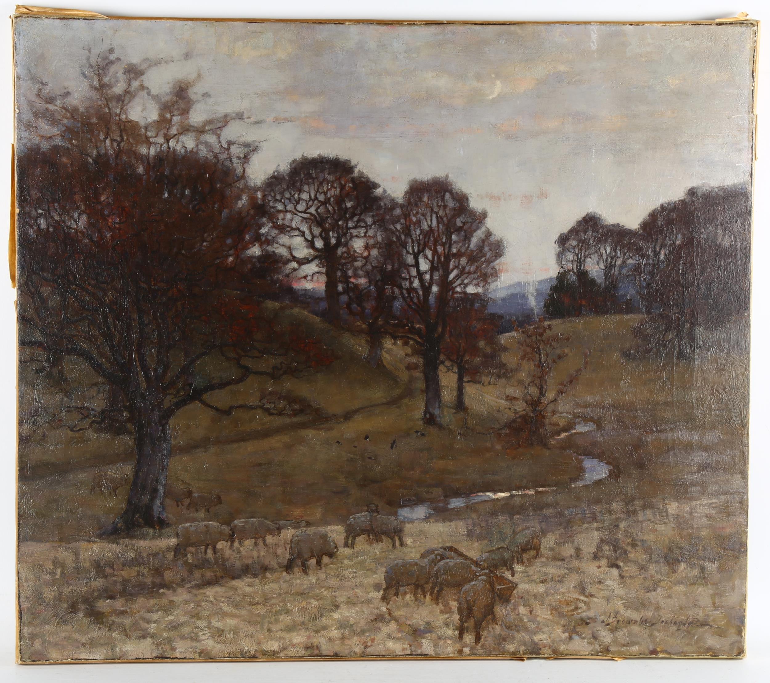 Alexander Brownlie Docharty (1862 - 1940), sheep in moonlit landscape, oil on canvas, signed, 60cm x