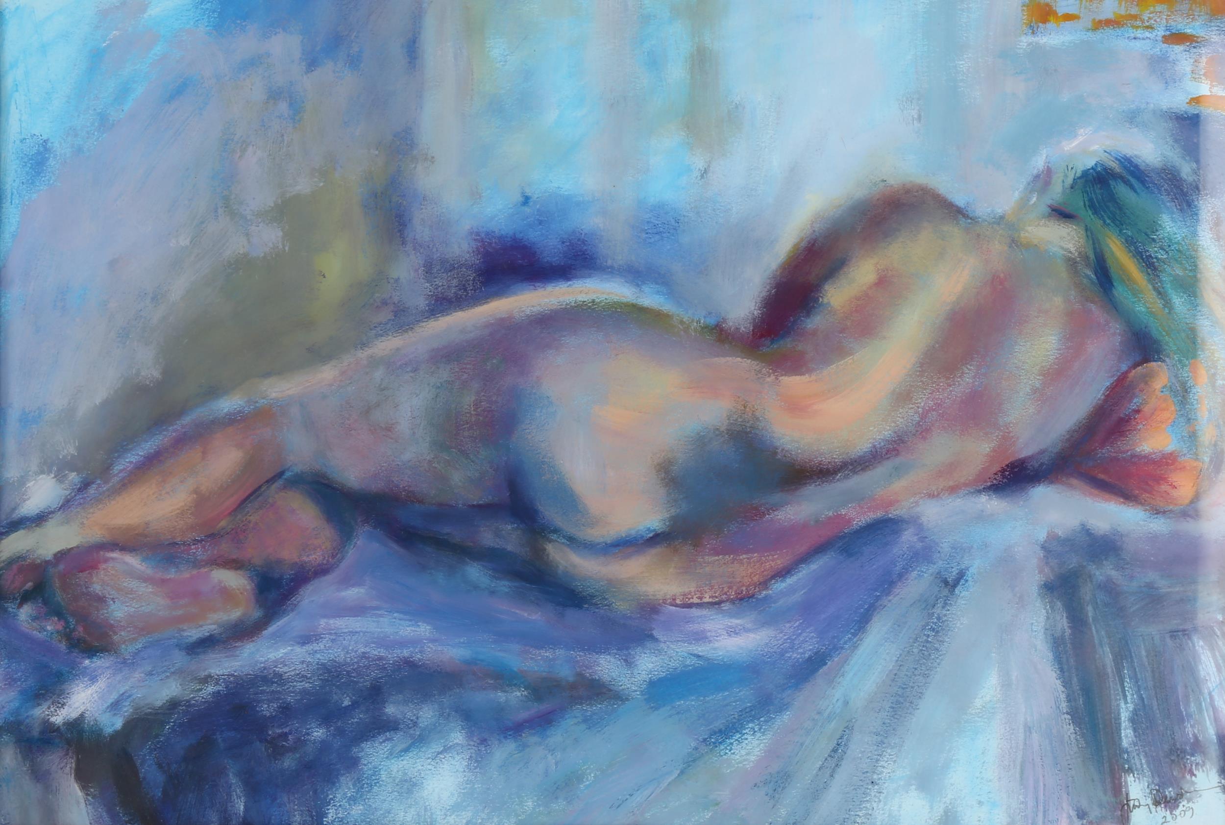 Judy Dewsbury, nude life study, oil on paper, signed and dated 2009, 40cm x 60cm, framed Good