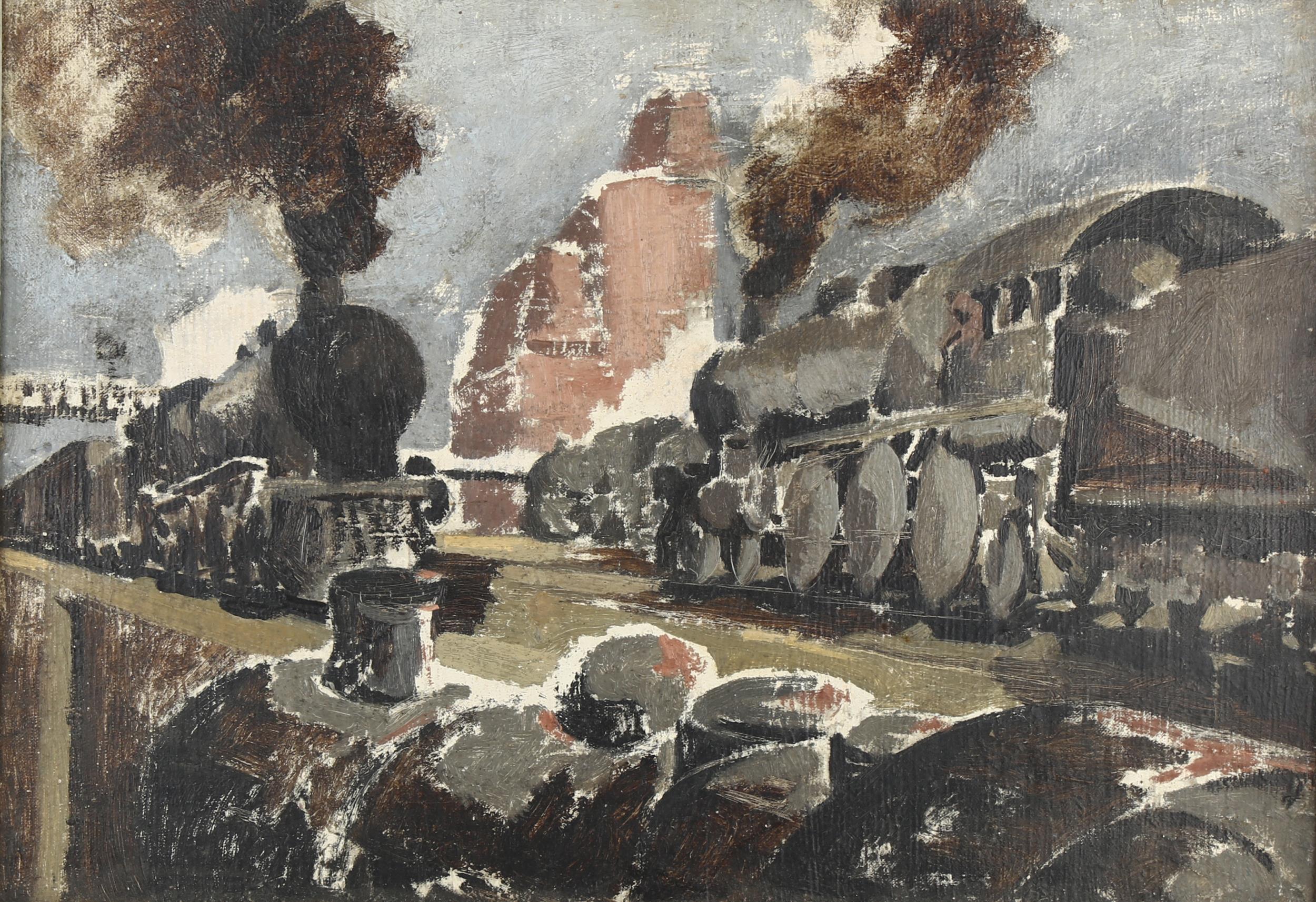 Gerard Reitlinger (1900 - 1978), steam trains in the goods yard, oil on canvas, artist's estate