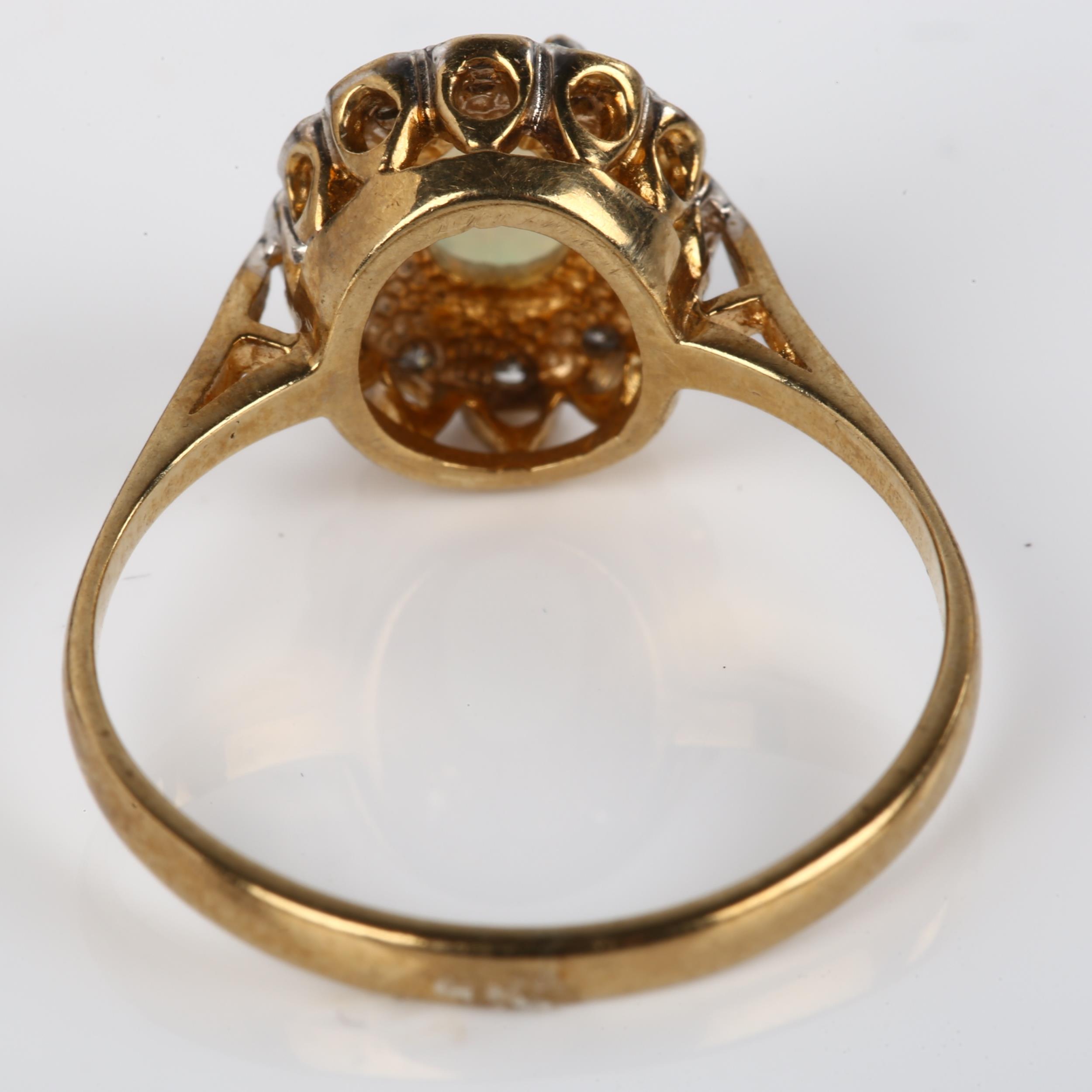 A 9ct gold opal and diamond cluster ring, set with oval cabochon opal and single-cut diamonds, - Image 3 of 4