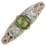 A 19th century three stone demantoid garnet and diamond half hoop ring, unmarked gold settings