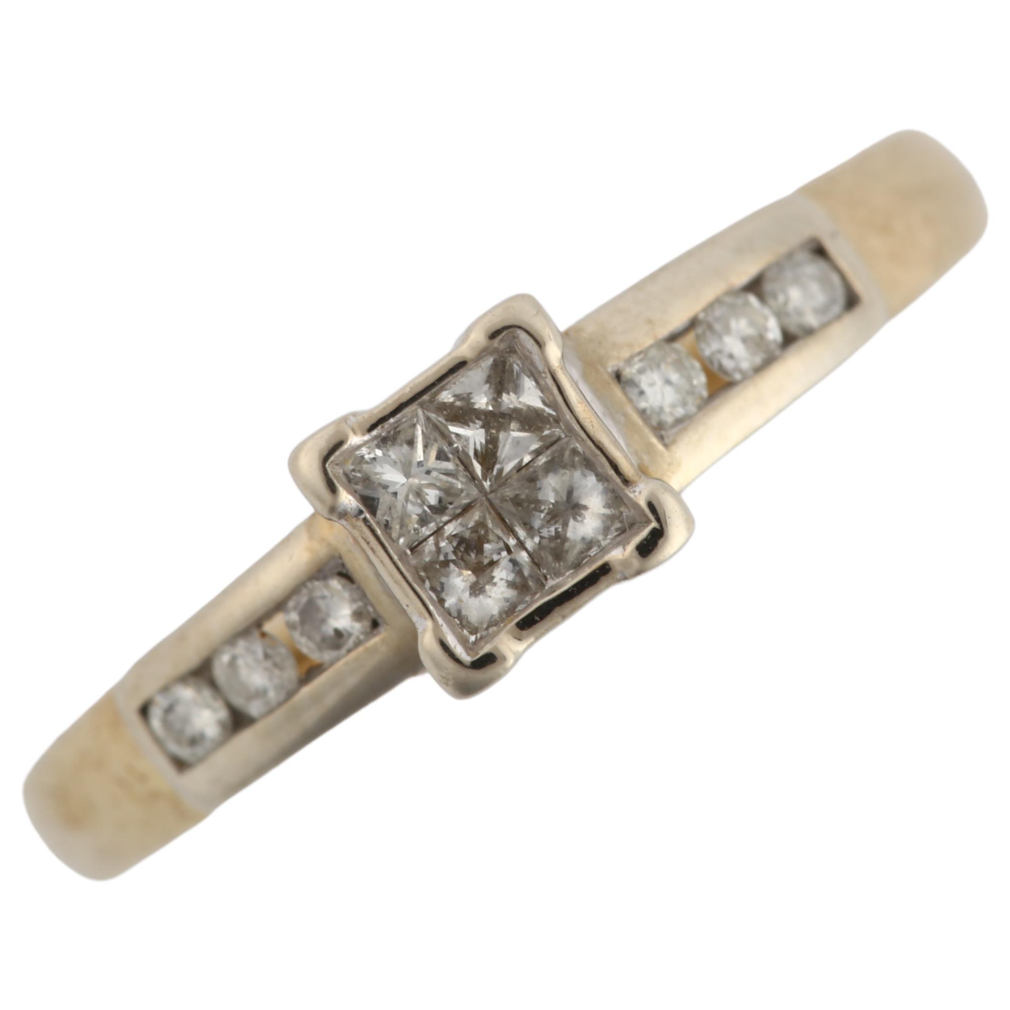 A 9ct gold diamond cluster ring set with Princess and modern round brilliant-cut diamonds, setting