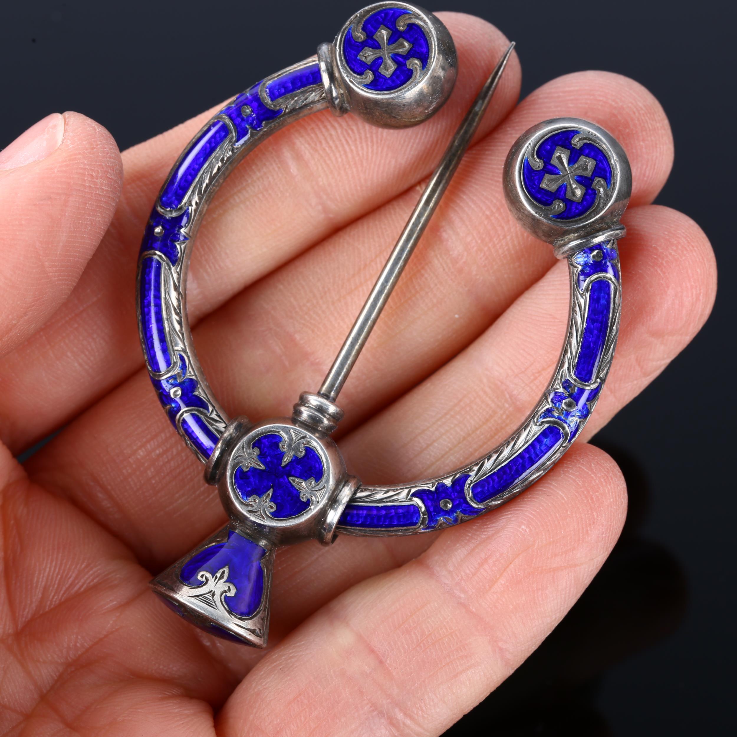 A 19th century Scottish Celtic blue enamel penannular brooch, unmarked silver settings with - Image 4 of 4