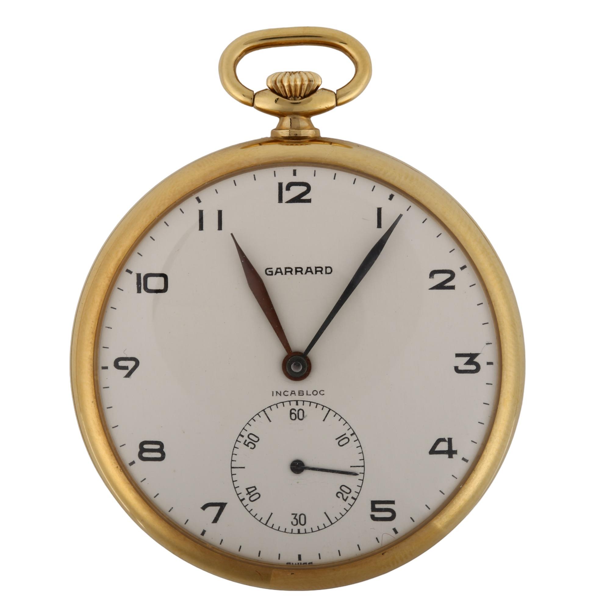 GARRARD - a 9ct gold slimline open-face keyless pocket watch, circa 1972, silvered dial with