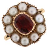 A Georgian flat-top garnet and split pearl cluster ring, 9ct gold closed-back settings, setting