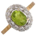 A peridot and diamond oval cluster ring, unmarked gold settings with oval mixed-cut peridot and