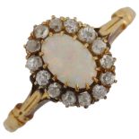 An opal and diamond oval cluster ring, unmarked gold settings, oval cabochon opal and old-cut