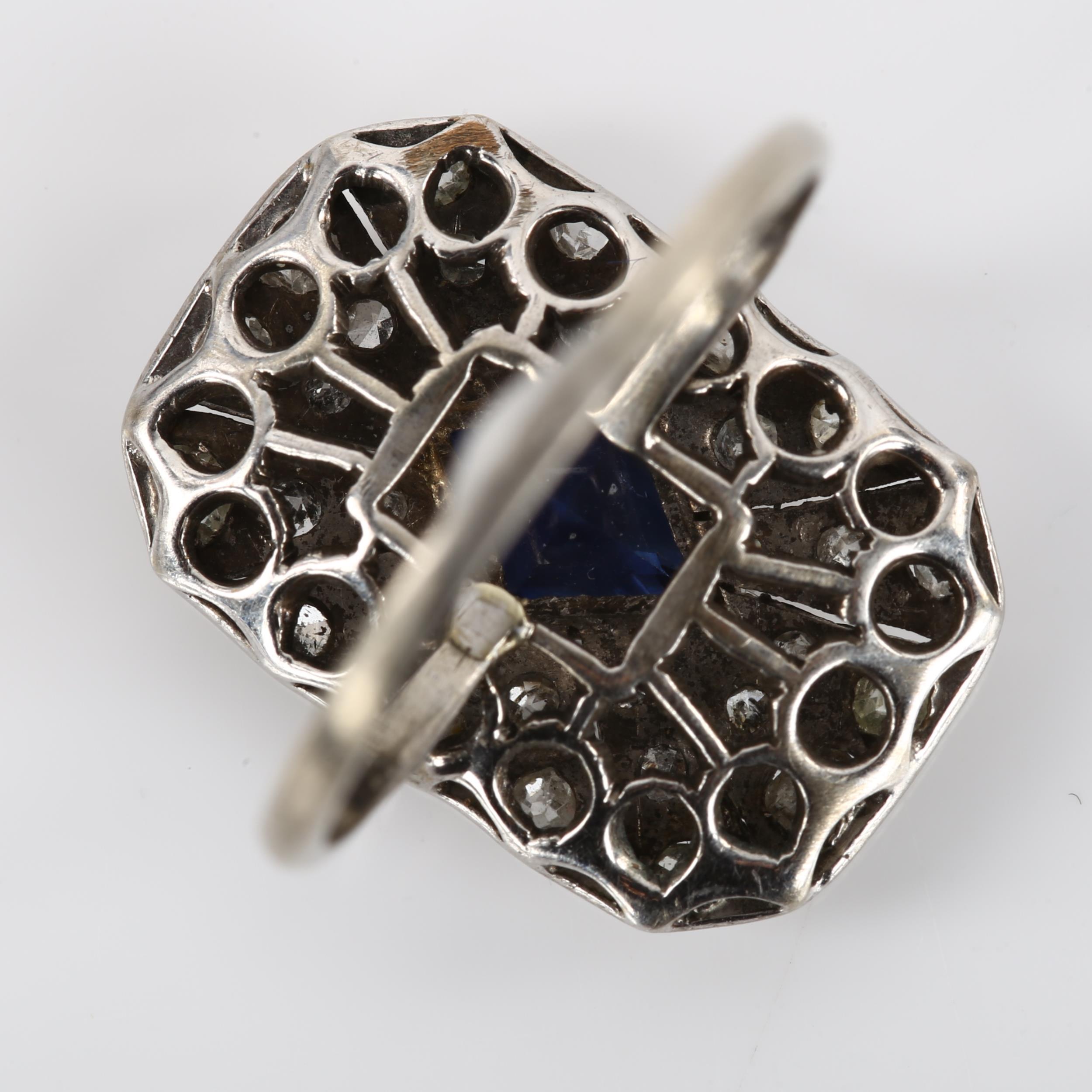 An Art Deco sapphire and diamond panel ring, unmarked white metal settings with lozenge step cut - Image 3 of 4